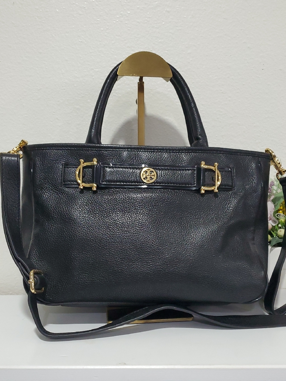Tory Burch Horsebit Jaden Black Pebbled Leather Satchel Shoulder Bag🖤💛
